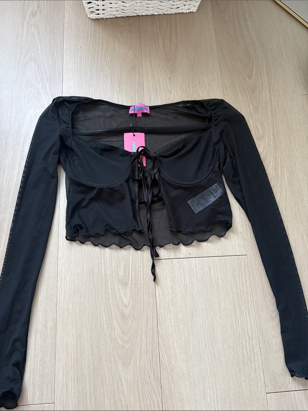 Edikted Black Sheer Tie-Front Long Sleeve Crop Top